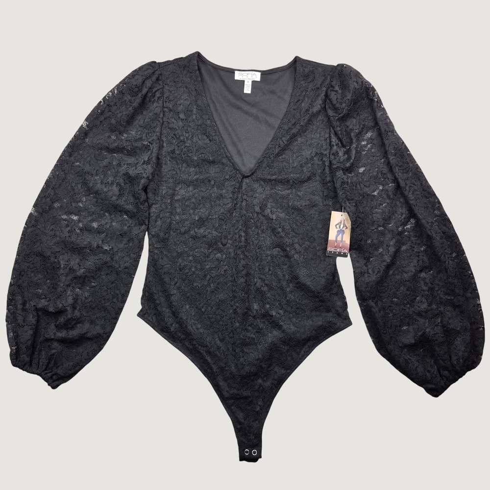Sofia Vergara Bodysuit M Black Lace Puff Sleeve Whimsigoth Boho Fairy Grunge NWT